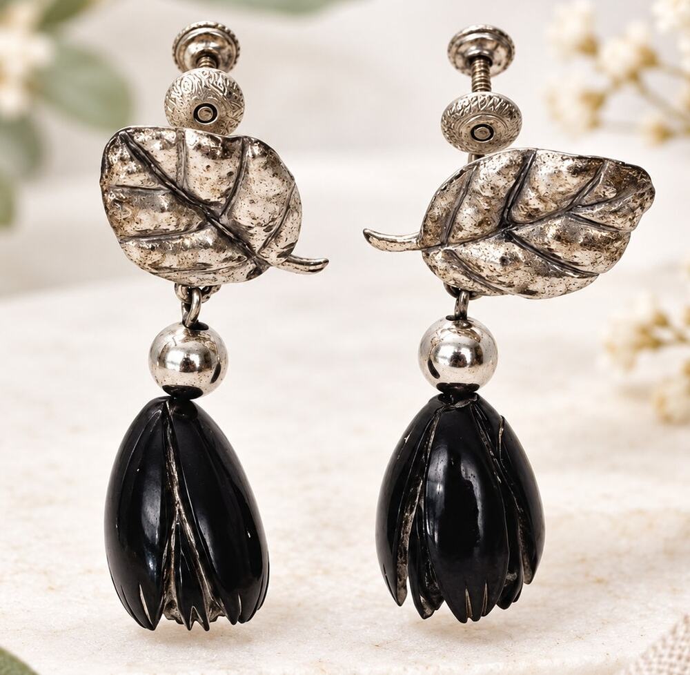 Vintage UNCAS Sterling Silver Carved Wood Flower Dangle Screw Back Earrings